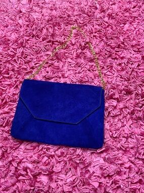 Ann Taylor Royal Blue Suede Envelope Clutch with Gold Chain Strap